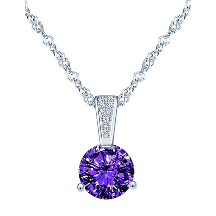 S925 Sterling Silver Cubic Zirconia Purple Women Minimalist Multi Faceted Stone Set Pendant Necklace