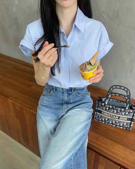 Women's Chic Autumn Short Button Blouse Breathable Chiffon Tops for Office Solid Pattern Casual Style Simple Logo Plain Dyed