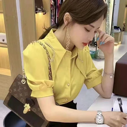 Women's Retro Summer Blouse with Irregular Rhinestone Lapel Puff Sleeve One Size Sweet Style with Simple Button Decoration