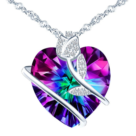 Women's Romantic Crystal Rhinestone Heart Rhodium Plated Pendant Necklace Sterling Silver 925 Water-wave Chain 5.36g for