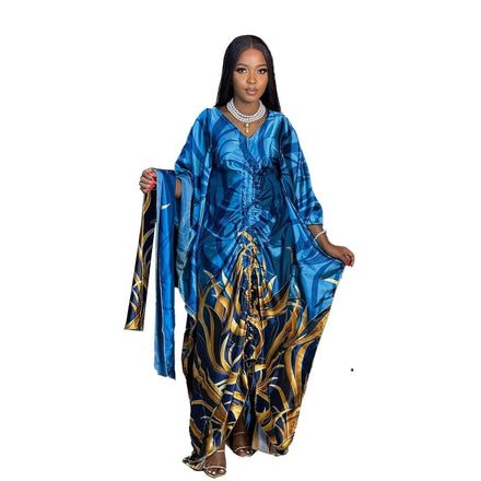 Fashion Boubou Femme Digital Printing African Dress with Belts and Headscarves Elegant Bubu Dress for Women
