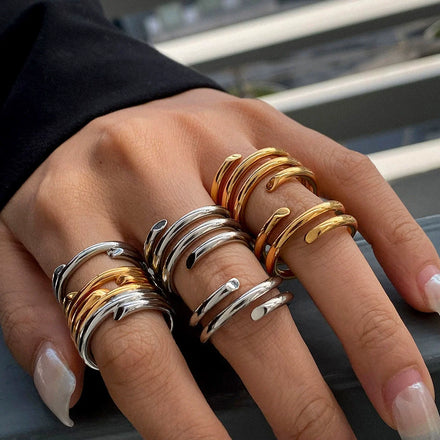 J&D Fashion Waterproof Spring Ring Women Two Tone PVD Gold Plated Stainless Steel Jewelry Stackeable Ring