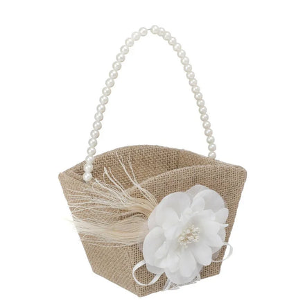 Jute & Pearl Flower Basket with Lace Trim Rustic Wedding Flower Girl Basket for Bridal Party American Country Wedding Decor