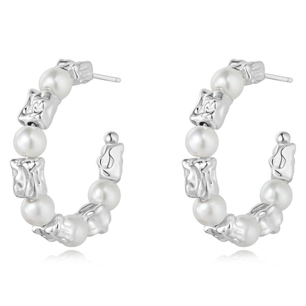 2025 New Brass Electroplated Silver Irregular Metal Beads Pearl Hoop Earrings for Women Jewelry Wholesale