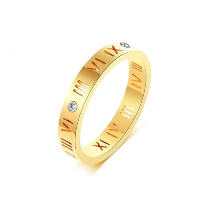Deluxe Stainless Steel Diamond Set Retro Personality Ring Roman Numerals Wedding & Birthday Gift Fashionable Couple Jewelry