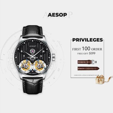 AESOP  High-end Luxury  Double Tourbillon Watch for Men Stainless Steel Waterproof Mechanical Watch