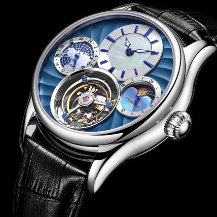 Custom Logo Multifunction Mechanical Watches Fashion Two Time Zone Moonphase 316L Steel Waterproof Men's Flying Tourbillon Watch