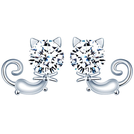 925 Sterling Silver Cat Stud Earrings Full Cubic Zircon Fashionable Jewelry Gift for Women Parties