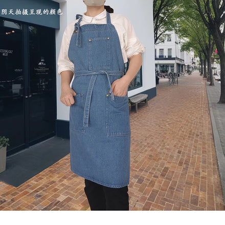 Korean Version Denim Bib Reusable Sleeveless Apron for Home Kitchen Retro Fashion Artistic Design Men's Women's Baking Milk Tea