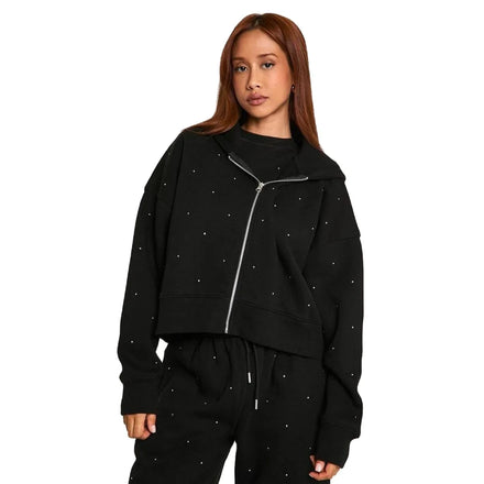 Women's Custom Logo All-Over Rhinestone Crop Zip Hoodie Breathable 100% Cotton Streetwear Winter Eco-Friendly Boxy Hoodie New
