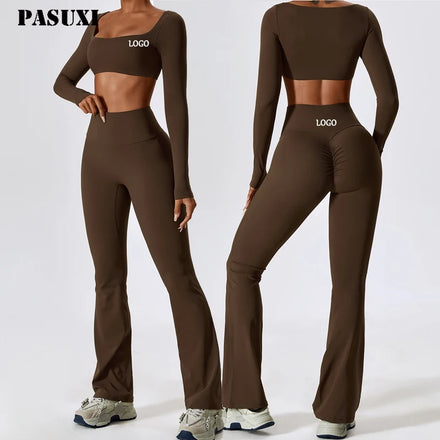 PASUXI Customizable Women's Yoga Flare Pants Set with Long Sleeve Square Neck Top Eco-Friendly 2 Piece Workout Outfit