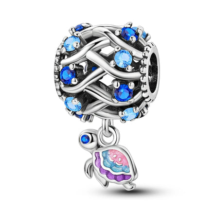 Silver Fashion Wave Turtle Pendant Beads Charms With Zircon Classic Jewelry Parties Silver Plated