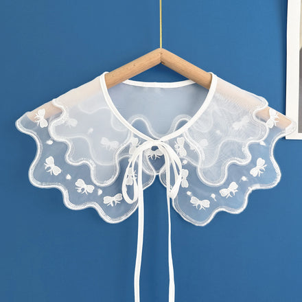 Custom Organza Double-layer Embroidered Lace Collar Front Tie Bow Kids Neck Design Lace Ruffle Collar for Children Clothing