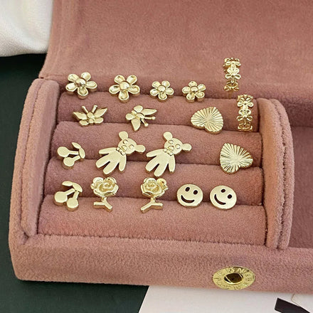 Mini Stud 925 Sterling Silver Zircon Earrings Set Rhodium & Gold Plated Rose Flower Cute Animal Daily Office Party Gift Teens