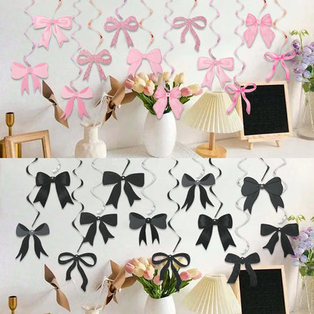 12pcs Pink/Black Spiral Hanging Ornament Bows Elegant Banner Decorations for Home or Festivals Party Decorations