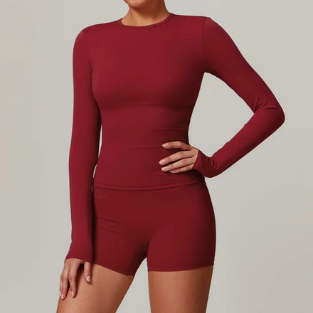 Stretchy Workout Set for Women Breathable Athletic Fitness Women Yoga Long Sleeve Top Shorts Set