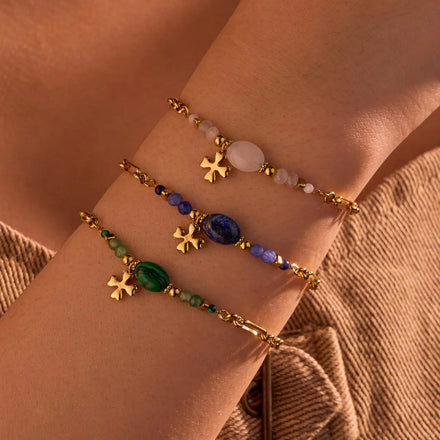 Fashion Stainless Steel 18k Gold Pleated Jewelry Chain Paper Clip Natural Stone Bead Cross Bracelets Bangles for Women
