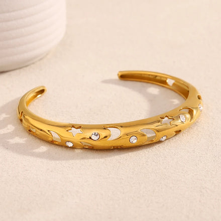 Dreamshow Moon Star Hollow Cuff Bangle 18k Gold Plated Jewelry Shining Zircon Stainless Steel Bangle