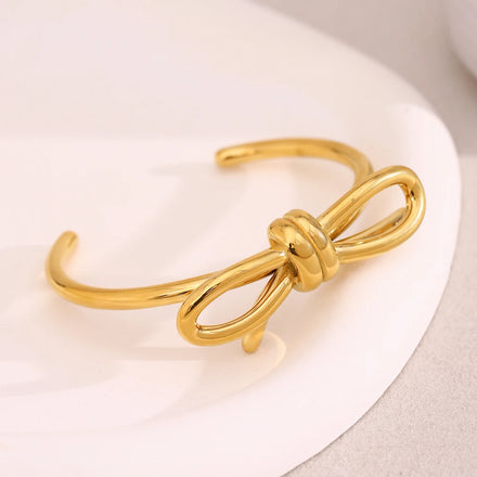 Dreamshow Minimalist Bow Design Cuff Bangle 18k Gold Plated Jewelry Waterproof Stainless Steel Bangle