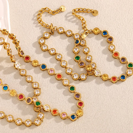 Dreamshow Colorful Zircon Chain Necklace Bracelet Set Fashion Jewelry Set Gold Plated Stainless Steel Choker Necklace