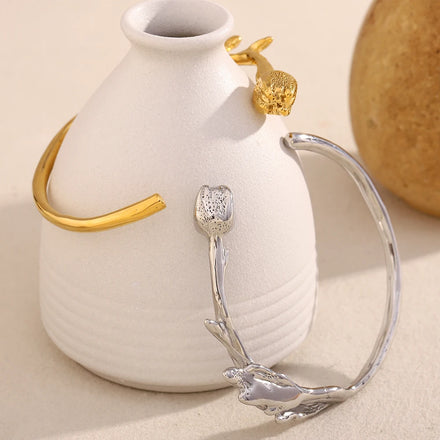 Dreamshow Fashion Bracelets & Bangles Engraved Flower Cuff Bangle 18k Gold Plated Stainless Steel Jewelry