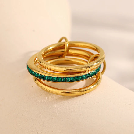 Dreamshow Three Layer Fashion Jewelry Rings Green Zircon Gold Plated Jewelry Waterproof Stainless Steel Rings