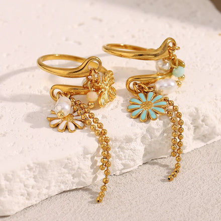 Dreamshow Summer Fashion Tassel Ring 18k Gold Plated Jewelry Enamel Flower Stainless Steel Rings