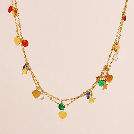 Dreamshow Fashion Jewelry Necklace Summer Fashion Zircon Charm Necklace Double Layer Stainless Steel Jewelry