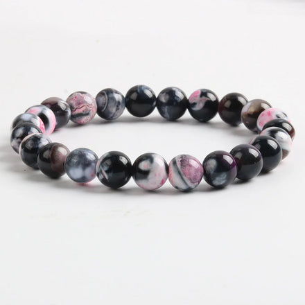8mm Black Stripe Rhodonite Bracelet Handmade Round Beads Elastic Natural for Women
