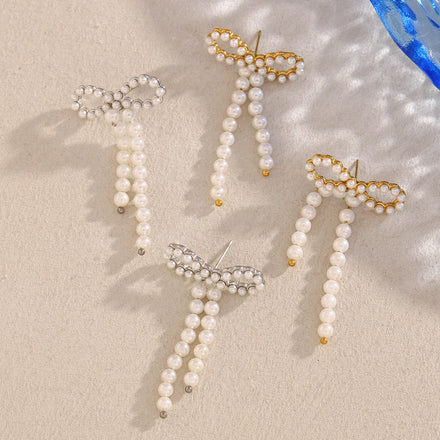 Dreamshow Imitation Pearl Jewelry Bow Stud Earrings for Women Gold Plated Stainless Steel Jewelry