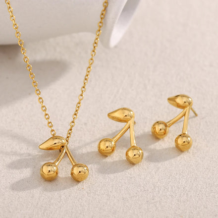 Dreamshow Cherry Pendant Necklace 18k Gold Plated Jewelry Set Stainless Steel Necklace Earring Set