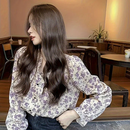 French Style V-neck Floral Shirt for Women's Spring Niche Retro Versatile Slimming Long Sleeved Top Woman Shirt