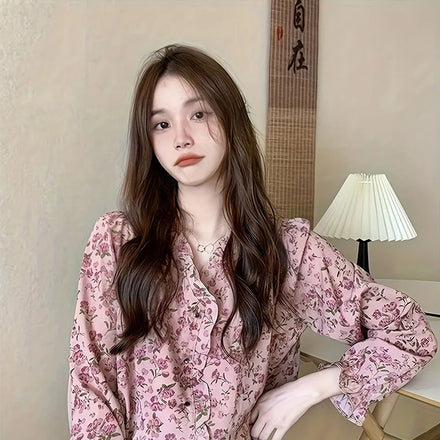 French Style V-neck Floral Shirt for Women's Spring Niche Retro Versatile Slimming Long Sleeved Top