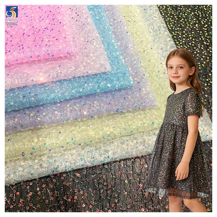 YX824 New Summer Design Silver Thread Double Layer Mesh 6mm Transparent Embroidered Sequins Fabric for Wedding Dress