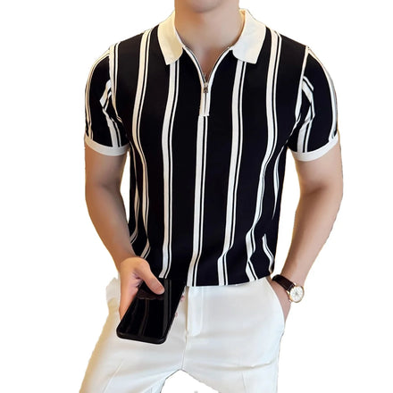 Bangladesh China Oem Embroidery Printed Design Knitted Polo Shirt Men's Short-sleeved Summer Thin Slim Striped Zipper Polo-shirt