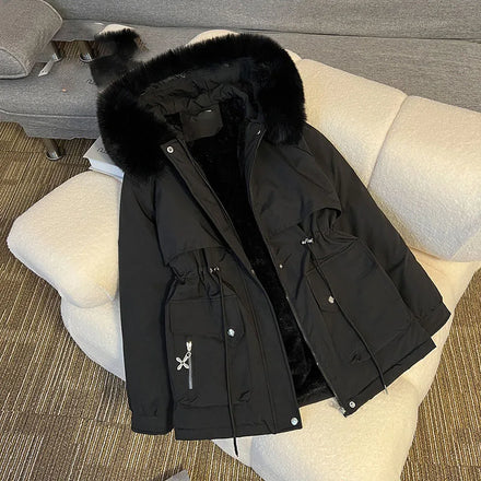 Oem Customized logo Design fashionable and versatile coat with hooded warm cotton coat with fleece collar women coat