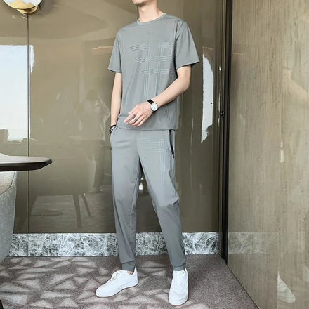 OEM Custom logo Design Printed Casual Sports Suit Men's Loose Large Size Ice Silk Thin Suit Handsome Quick-drying Breathable Set
