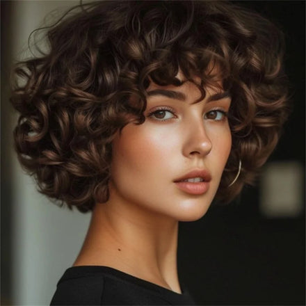 100% Human Hair Wigs With Bangs #4 Bouncy Curly Brown Color Short Bob Wigs Fumi Curls Egg Curls Glueless Full Machine Made Wigs
