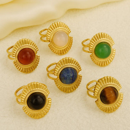 Crystal Jewelry 18K Gold Plated Vintage Finger Rings Gemstone Amethyst Moss Agate Finger Ring Stainless Steel