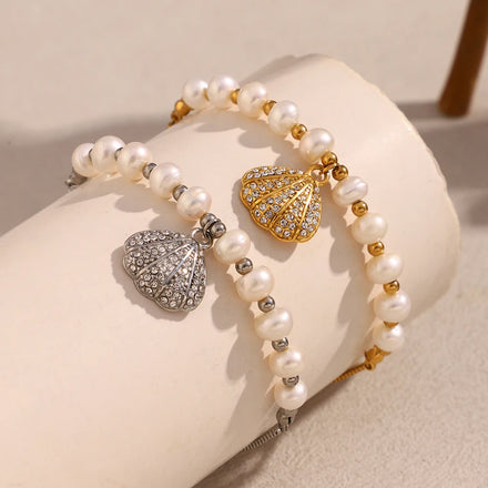 Dreamshow Pearl Jewelry Beaded Bracelet Zircon Shell Charm Jewelry Gold Plated Stainless Steel Bracelet