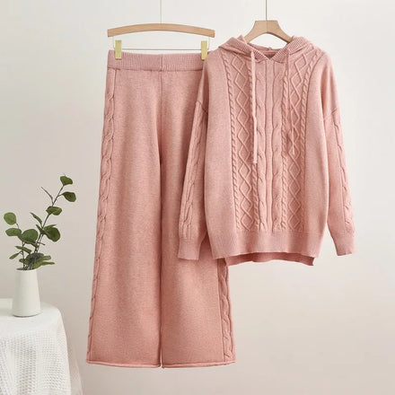 Two Piece Casual Set Fashion Temperament Autumn Winter Knit Hoodie Drawstring Thread Women Sweater Set Wide Leg Pants