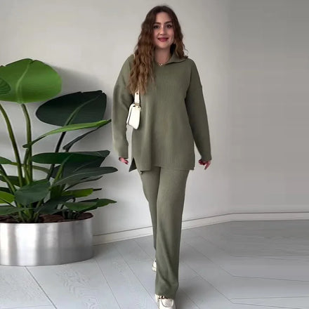 Wholesale Casual Winter Women's Breathable for Sweater Suit Solid V Neck Knit Sweater Wide Leg Pants Set