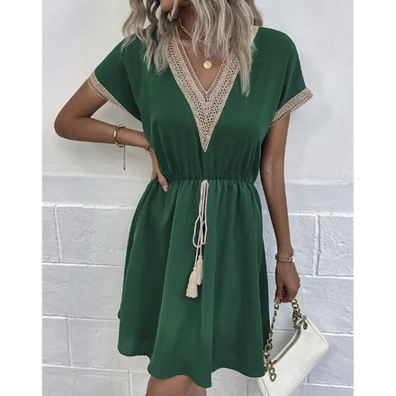 Solid Color Short Sleeved Lace V-neck Waist Wrap Dress