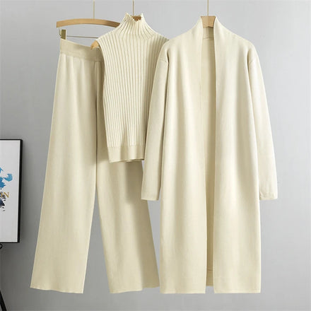 Autumn New Elegant Simple Women'S Knitted Set Sleeveless Tank Top Long Sweater Cardigan Pants Three Piece Sets