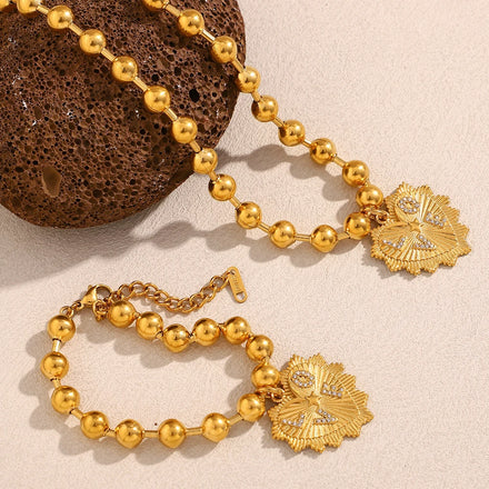 Dreamshow Vintage Beaded Jewelry Engraved Heart Charm Necklace Gold Plated Stainless Steel Jewelry Set