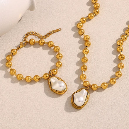 Dreamshow Baroque Pearl Charm Necklace Gold Plated Jewelry Set Beaded Jewelry Stainless Steel Jewelry Set
