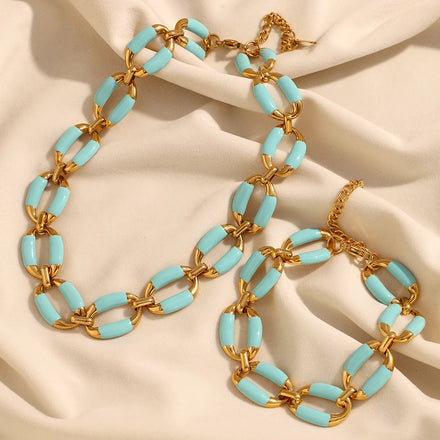 Dreamshow Statement Jewelry Enamel Chunky Chain Necklace 18k Gold Plated Stainless Steel Jewelry Set