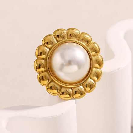 Dreamshow Imitation Pearl Jewelry Flower Signet Ring Gold Plated Vintage Jewelry Stainless Steel Ring