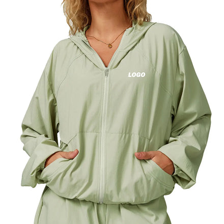 Summer UPF50+ Custom Logo Quick Dry Breathable Hooded Sun-proof Coat Zipper Loose Outfit Running Climbing Anti-UV Jacket Women