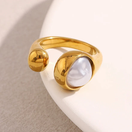 Dreamshow Imitation Pearl Snake Ring 18k Gold Plated Jewelry Anti Tarnish Jewelry Stainless Steel Ring